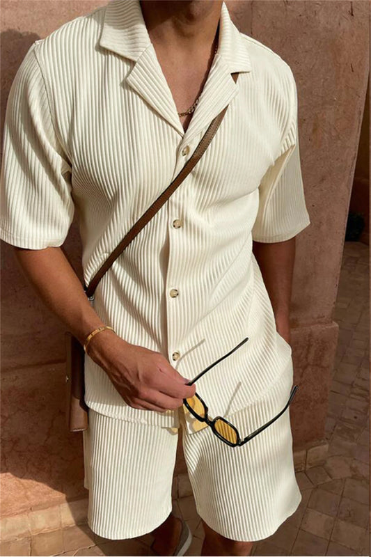 Eclano Men’s Corduroy Spring/Summer Set – Striped Short Sleeve Shirt & Shorts