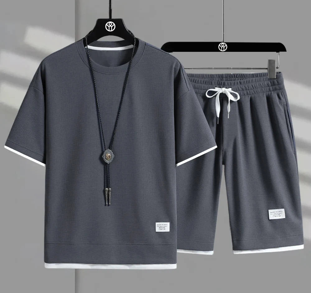 Eclano Men’s Summer Set – Waffle Short Sleeve T-shirt + Five-point Shorts