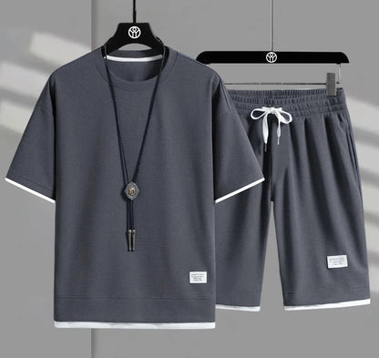 Eclano Men’s Summer Set – Waffle Short Sleeve T-shirt + Five-point Shorts