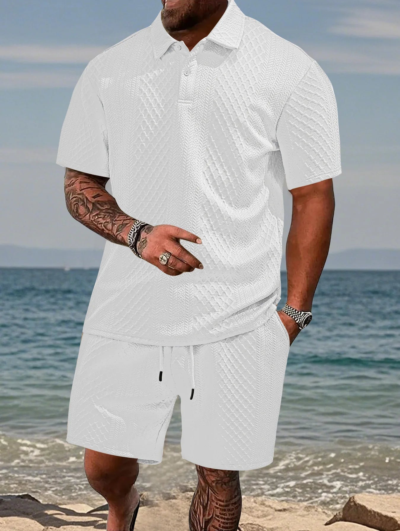 Eclano Men’s Jacquard Polo Set – Short Sleeve Polo Shirt with Lapel & Casual Shorts