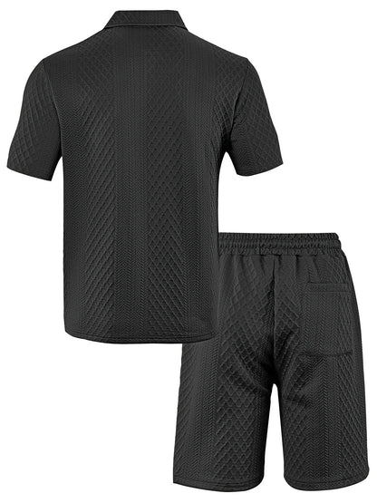 Eclano Men’s Jacquard Polo Set – Short Sleeve Polo Shirt with Lapel & Casual Shorts