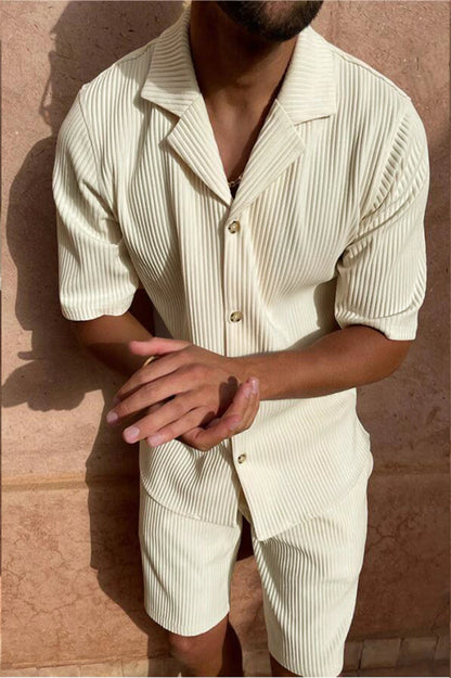 Eclano Men’s Corduroy Spring/Summer Set – Striped Short Sleeve Shirt & Shorts