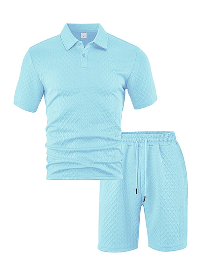 Eclano Men’s Jacquard Polo Set – Short Sleeve Polo Shirt with Lapel & Casual Shorts