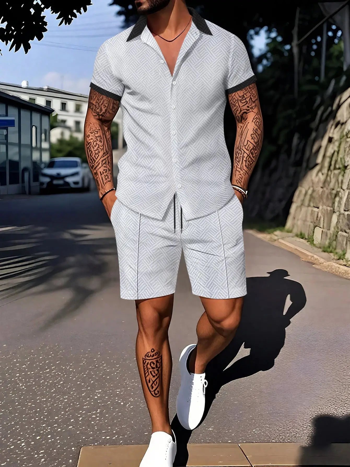 Eclano Men’s Casual Polo Set – 3D Digital Print Polo Shirt & Shorts