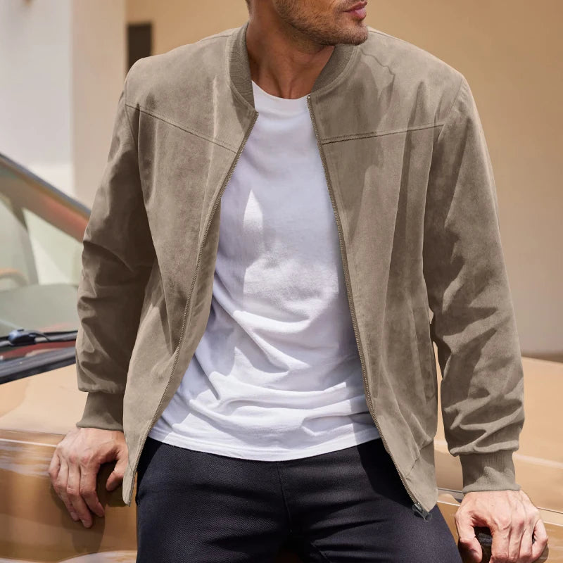 Eclano Men’s Casual Suede Bomber Jacket – Sporty Round Neck Zipper Jacket