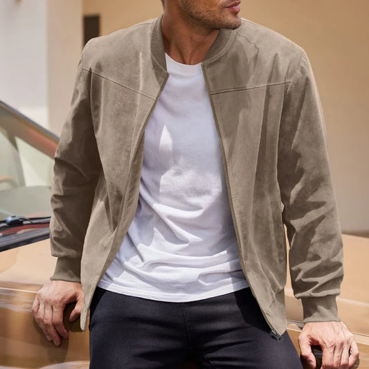Eclano Men’s Casual Suede Bomber Jacket – Sporty Round Neck Zipper Jacket