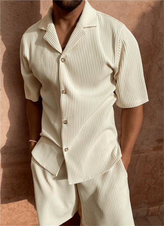Eclano Men’s Corduroy Spring/Summer Set – Striped Short Sleeve Shirt & Shorts