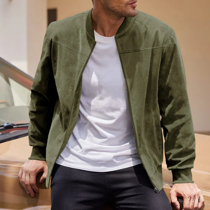 Eclano Men’s Casual Suede Bomber Jacket – Sporty Round Neck Zipper Jacket