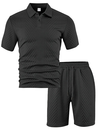 Eclano Men’s Jacquard Polo Set – Short Sleeve Polo Shirt with Lapel & Casual Shorts