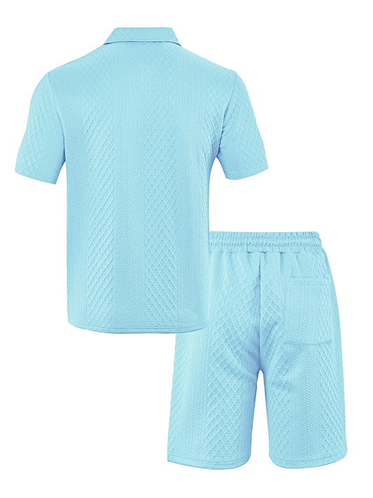 Eclano Men’s Jacquard Polo Set – Short Sleeve Polo Shirt with Lapel & Casual Shorts