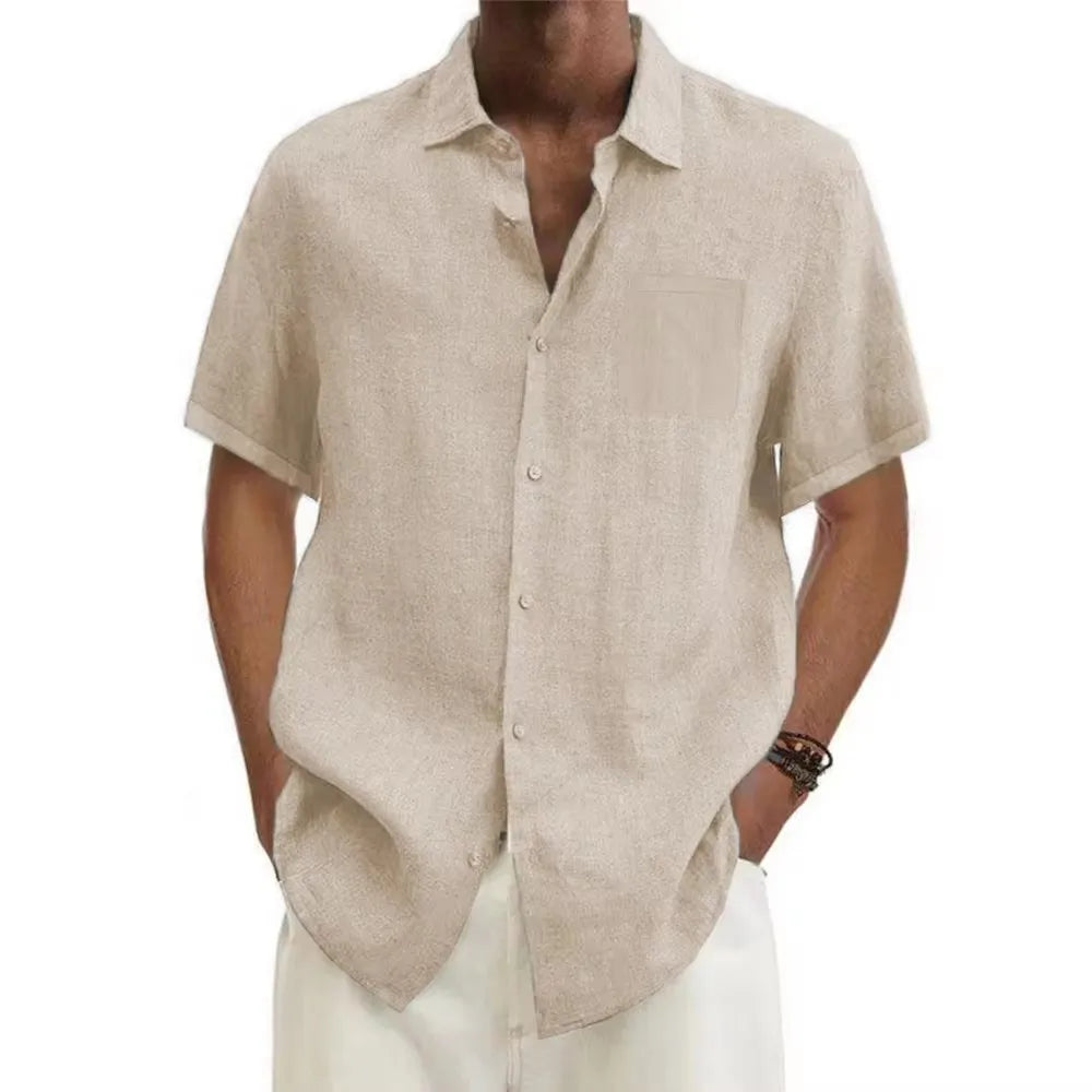 Eclano Men’s Cotton Linen Shirt – Short Sleeve with Turn-Down Collar