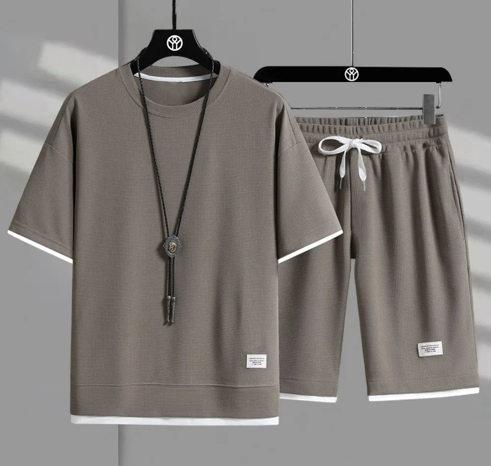 Eclano Men’s Summer Set – Waffle Short Sleeve T-shirt + Five-point Shorts