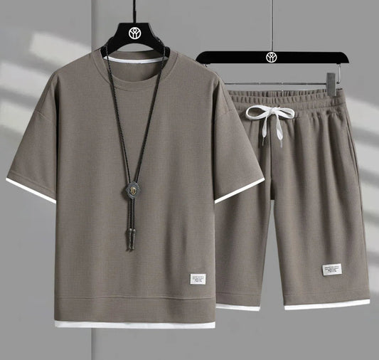 Eclano Men’s Summer Set – Waffle Short Sleeve T-shirt + Five-point Shorts