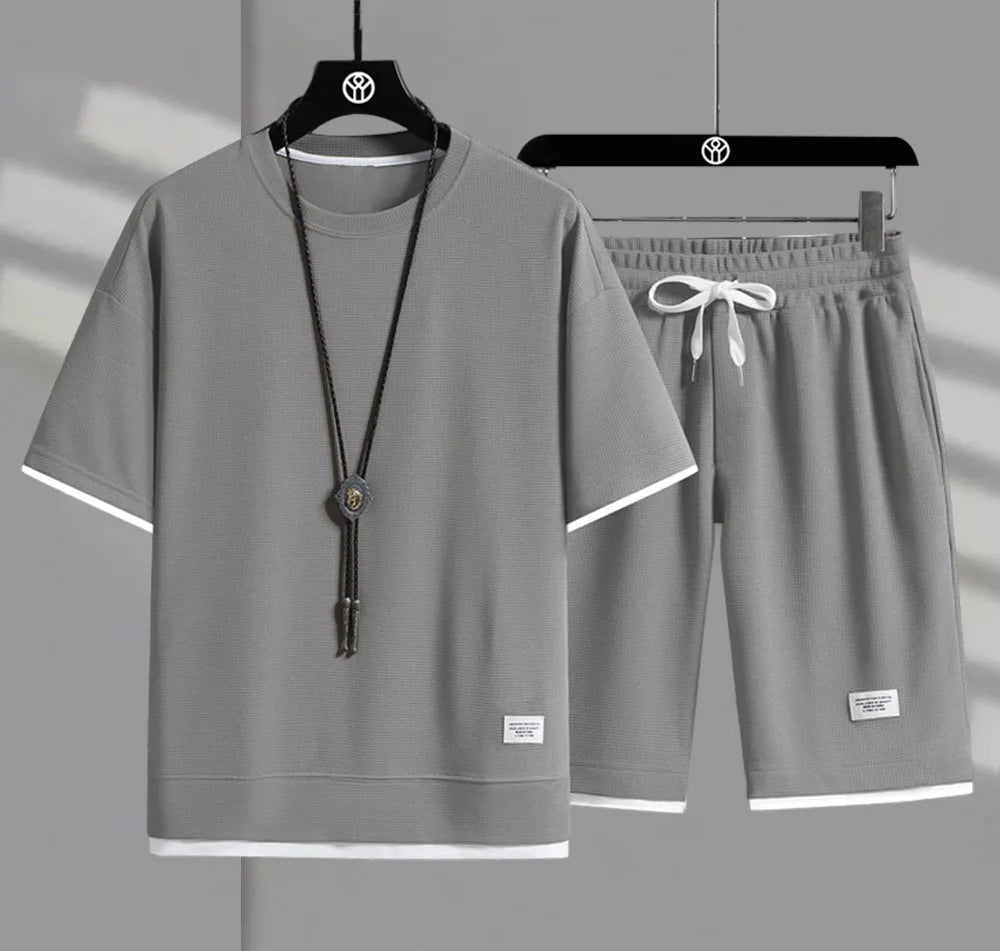 Eclano Men’s Summer Set – Waffle Short Sleeve T-shirt + Five-point Shorts