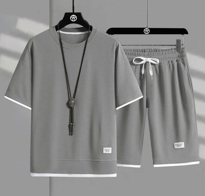 Eclano Men’s Summer Set – Waffle Short Sleeve T-shirt + Five-point Shorts