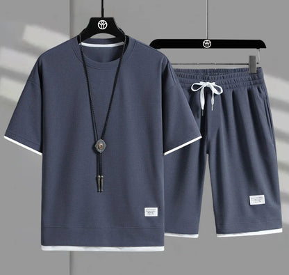 Eclano Men’s Summer Set – Waffle Short Sleeve T-shirt + Five-point Shorts