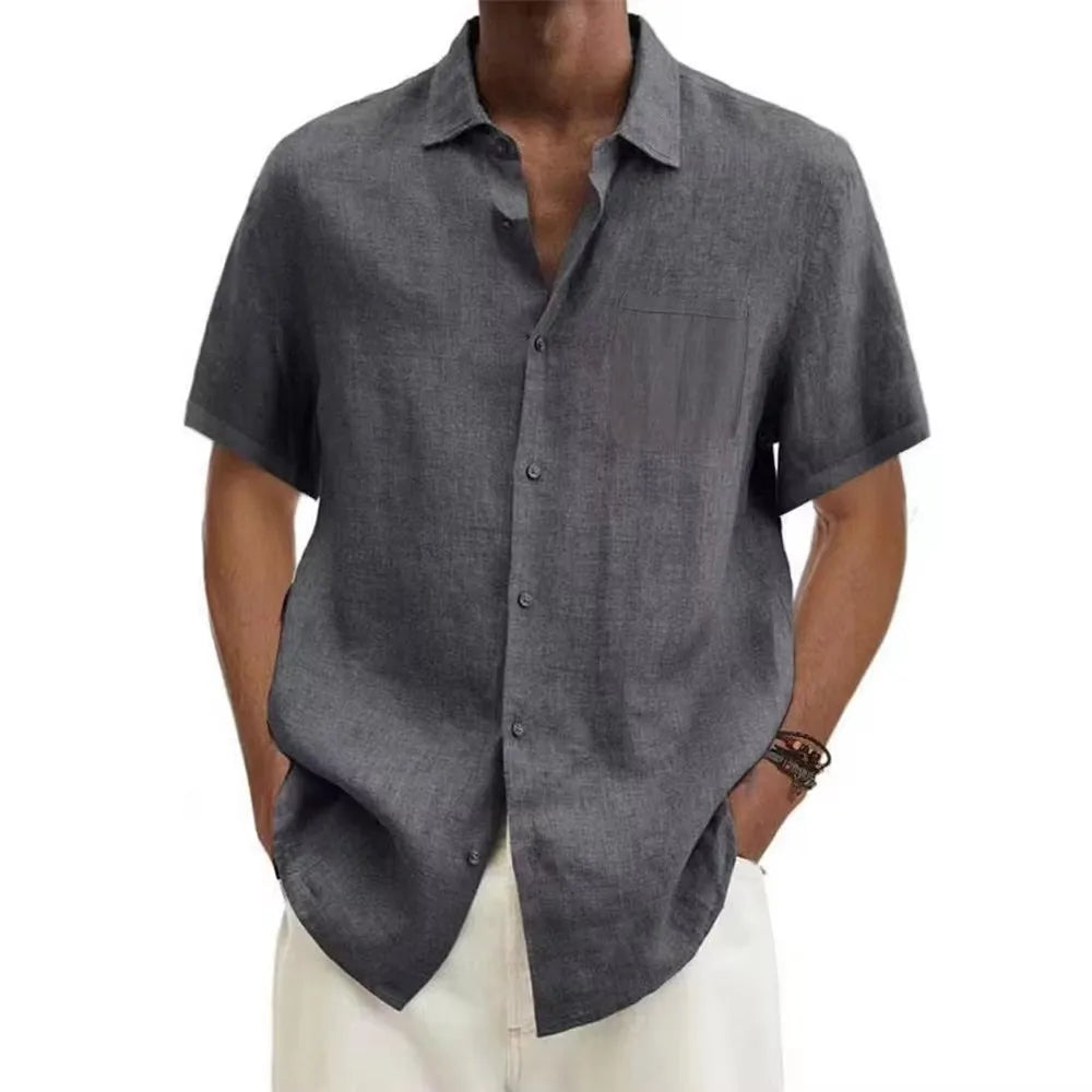 Eclano Men’s Cotton Linen Shirt – Short Sleeve with Turn-Down Collar
