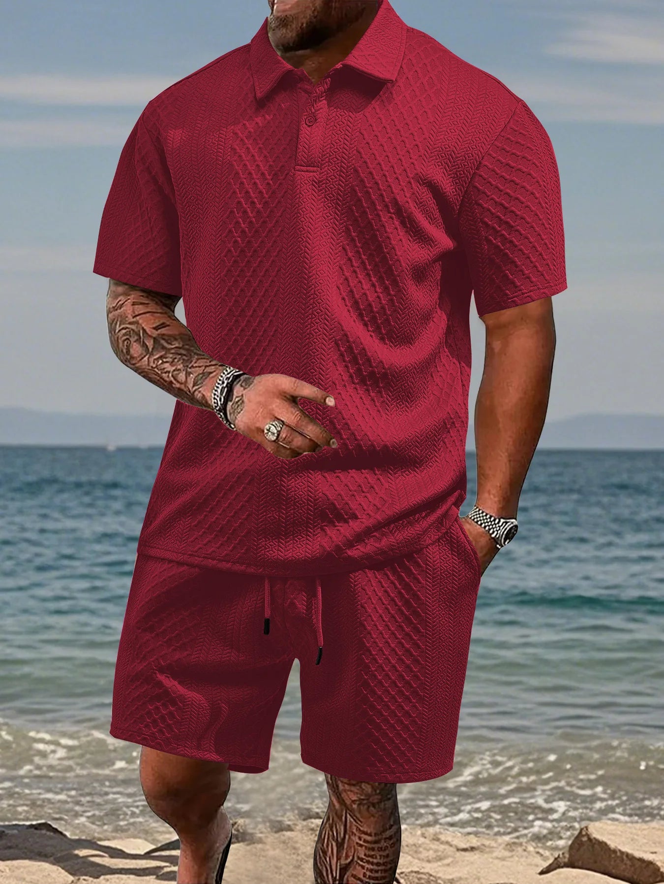 Eclano Men’s Jacquard Polo Set – Short Sleeve Polo Shirt with Lapel & Casual Shorts
