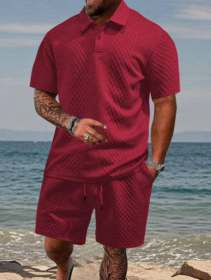 Eclano Men’s Jacquard Polo Set – Short Sleeve Polo Shirt with Lapel & Casual Shorts