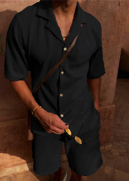 Eclano Men’s Corduroy Spring/Summer Set – Striped Short Sleeve Shirt & Shorts