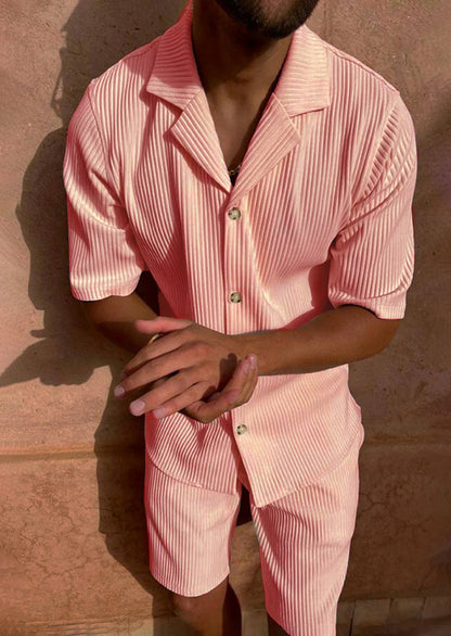 Eclano Men’s Corduroy Spring/Summer Set – Striped Short Sleeve Shirt & Shorts