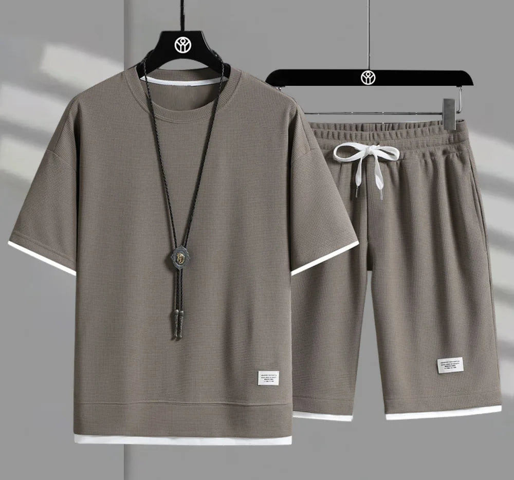 Eclano Men’s Summer Set – Waffle Short Sleeve T-shirt + Five-point Shorts