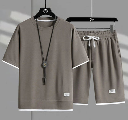 Eclano Men’s Summer Set – Waffle Short Sleeve T-shirt + Five-point Shorts