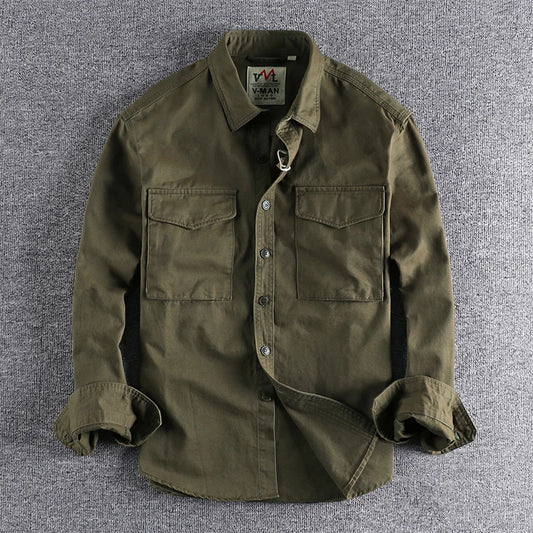 Eclano Men’s Autumn Retro Khaki Work Shirt – Long Sleeve with 3D Pocket
