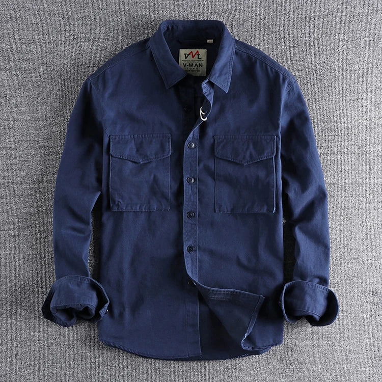 Eclano Men’s Autumn Retro Khaki Work Shirt – Long Sleeve with 3D Pocket