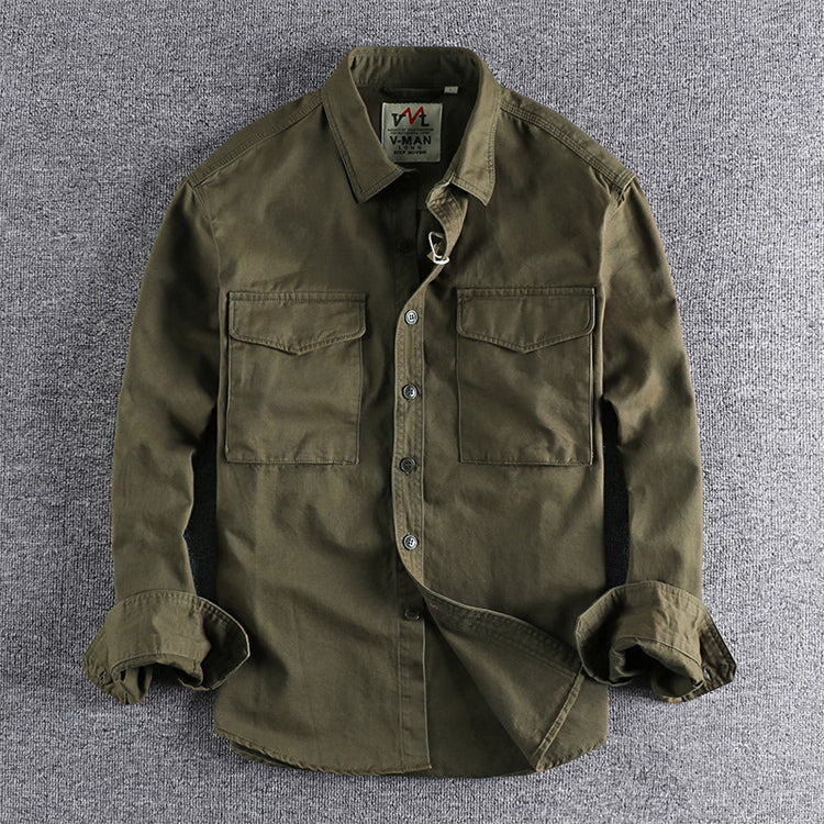Eclano Men’s Autumn Retro Khaki Work Shirt – Long Sleeve with 3D Pocket