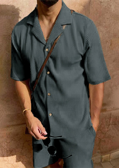 Eclano Men’s Corduroy Spring/Summer Set – Striped Short Sleeve Shirt & Shorts