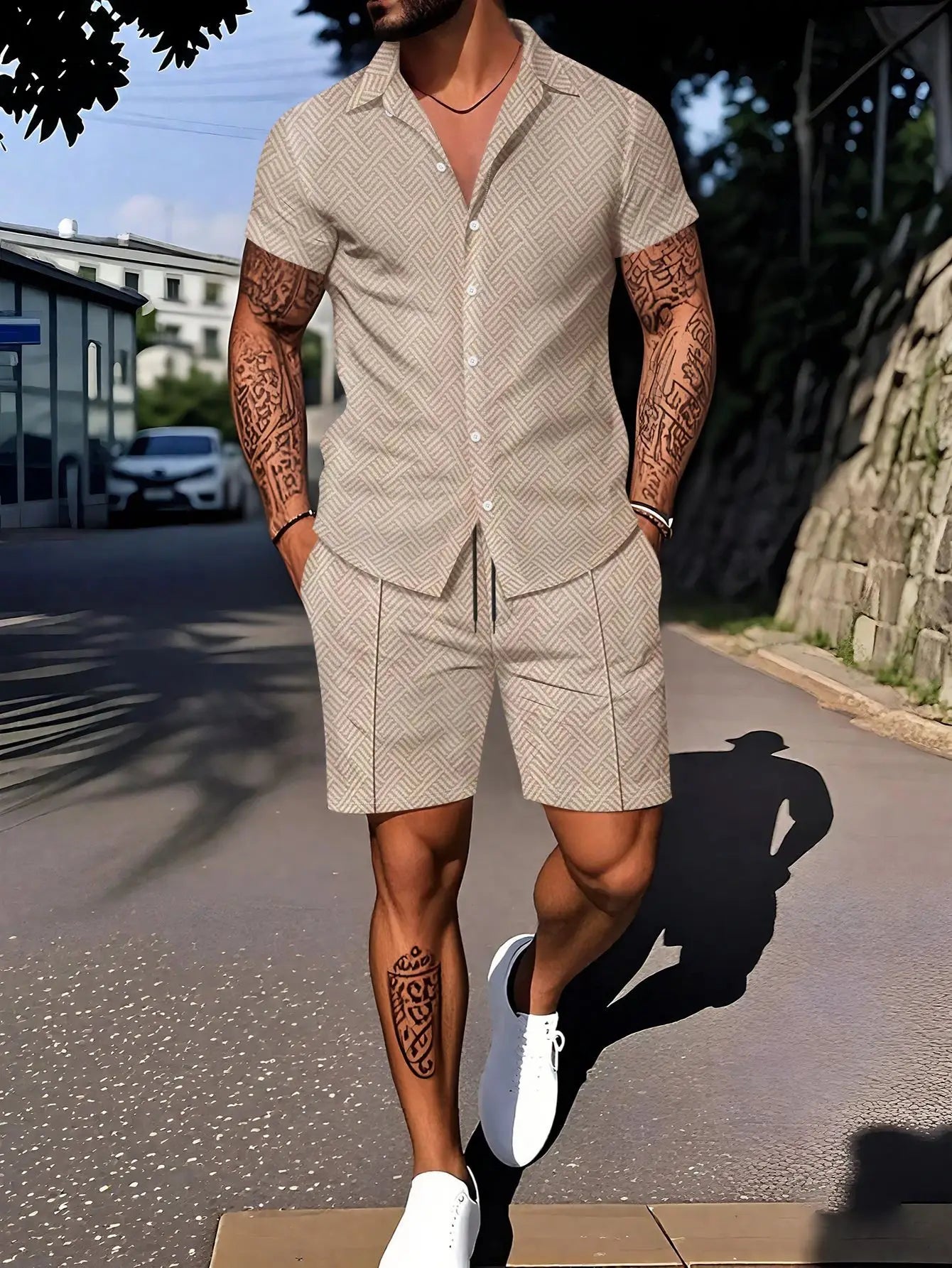 Eclano Men’s Casual Polo Set – 3D Digital Print Polo Shirt & Shorts