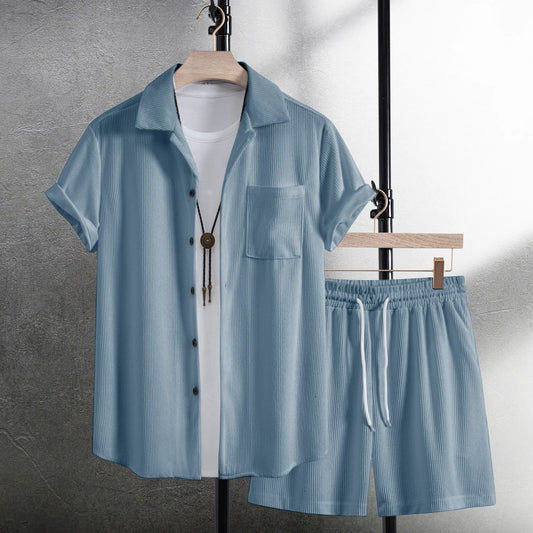 Eclano Men’s Casual Corduroy Set – Short Sleeve Shirt & Shorts with Pockets