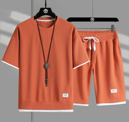 Eclano Men’s Summer Set – Waffle Short Sleeve T-shirt + Five-point Shorts