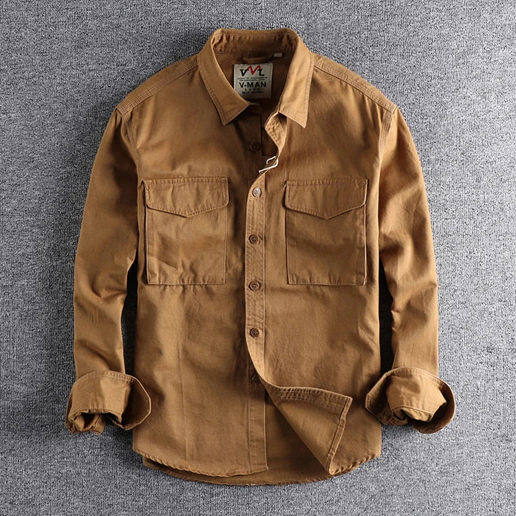 Eclano Men’s Autumn Retro Khaki Work Shirt – Long Sleeve with 3D Pocket