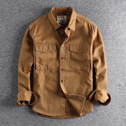 Eclano Men’s Autumn Retro Khaki Work Shirt – Long Sleeve with 3D Pocket