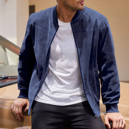 Eclano Men’s Casual Suede Bomber Jacket – Sporty Round Neck Zipper Jacket