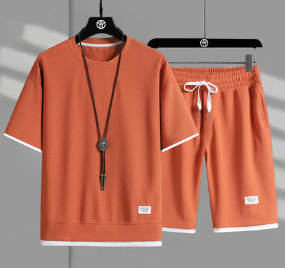 Eclano Men’s Summer Set – Waffle Short Sleeve T-shirt + Five-point Shorts