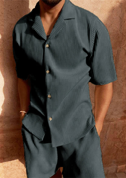 Eclano Men’s Corduroy Spring/Summer Set – Striped Short Sleeve Shirt & Shorts