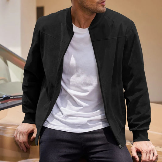 Eclano Men’s Casual Suede Bomber Jacket – Sporty Round Neck Zipper Jacket