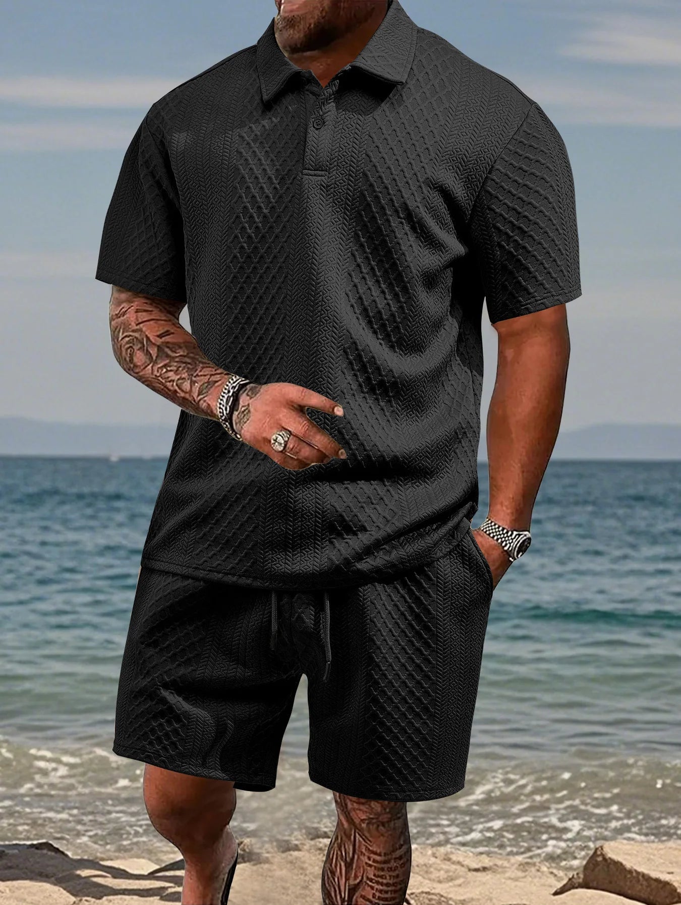 Eclano Men’s Jacquard Polo Set – Short Sleeve Polo Shirt with Lapel & Casual Shorts