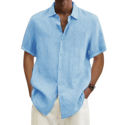 Eclano Men’s Cotton Linen Shirt – Short Sleeve with Turn-Down Collar