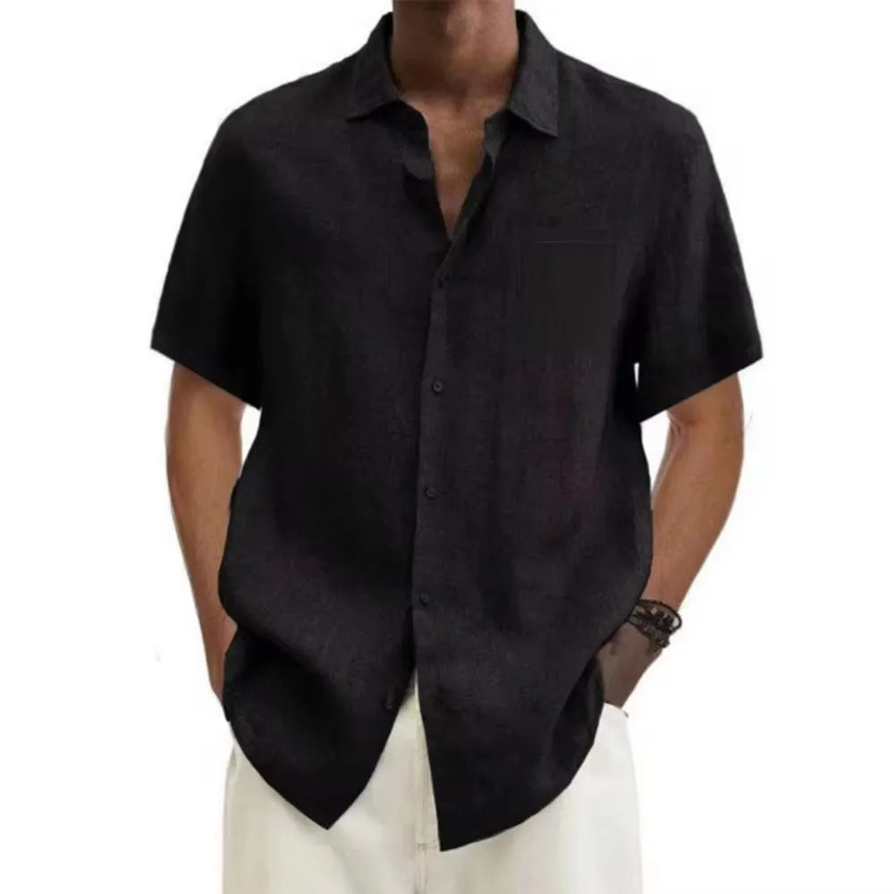 Eclano Men’s Cotton Linen Shirt – Short Sleeve with Turn-Down Collar