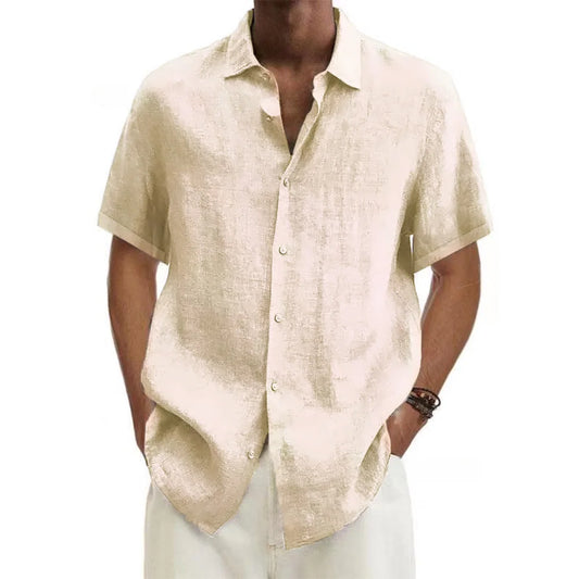 Eclano Men’s Cotton Linen Shirt – Short Sleeve with Turn-Down Collar
