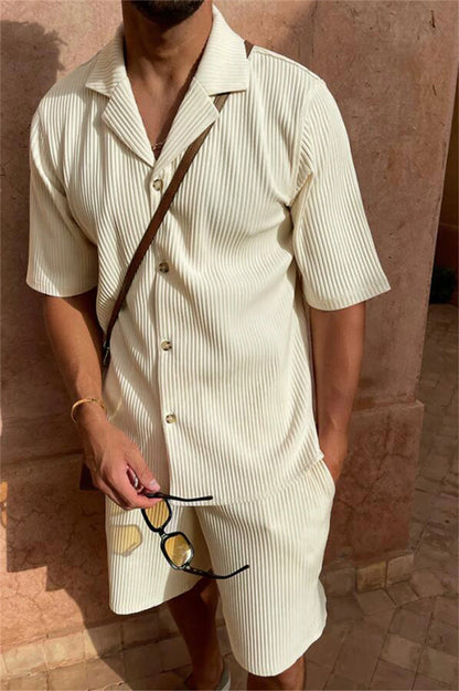 Eclano Men’s Corduroy Spring/Summer Set – Striped Short Sleeve Shirt & Shorts