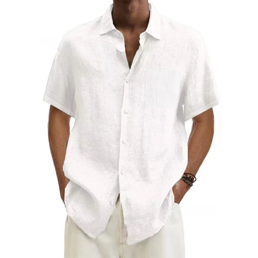 Eclano Men’s Cotton Linen Shirt – Short Sleeve with Turn-Down Collar