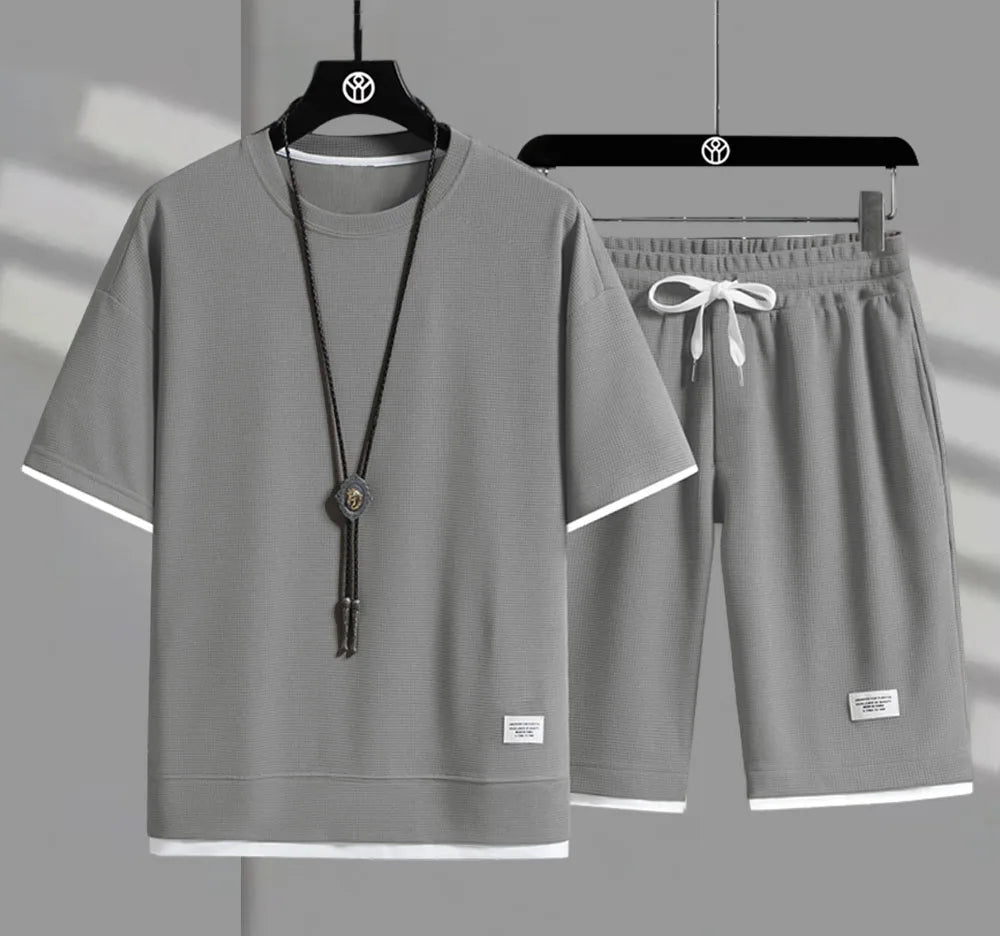Eclano Men’s Summer Set – Waffle Short Sleeve T-shirt + Five-point Shorts