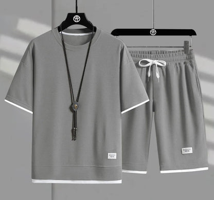 Eclano Men’s Summer Set – Waffle Short Sleeve T-shirt + Five-point Shorts