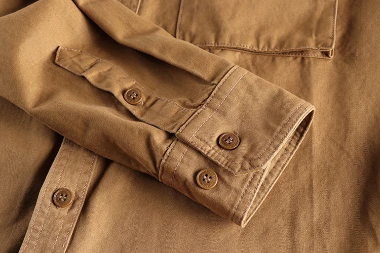Eclano Men’s Autumn Retro Khaki Work Shirt – Long Sleeve with 3D Pocket