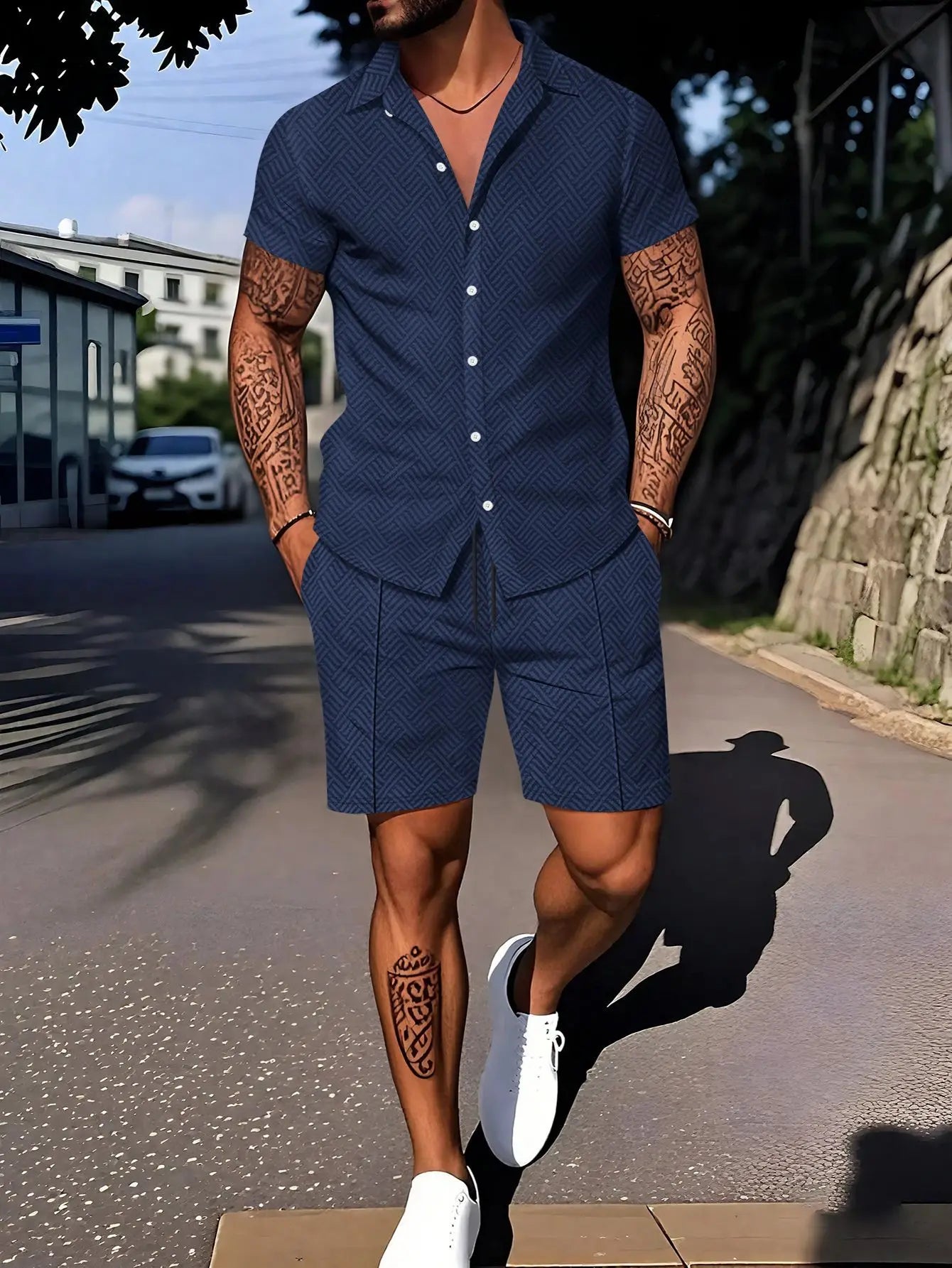 Eclano Men’s Casual Polo Set – 3D Digital Print Polo Shirt & Shorts